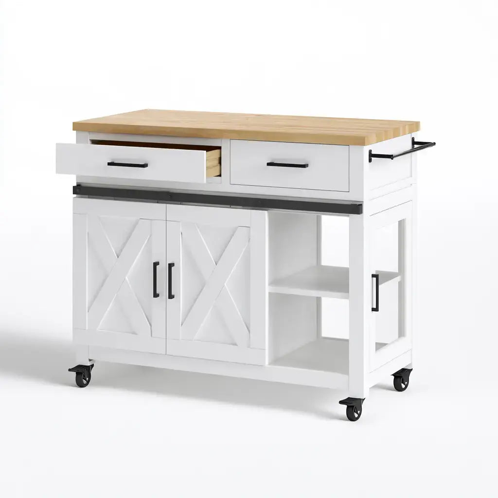 Isla de cocina con cajones y puertas cruzadas - blanco/beige