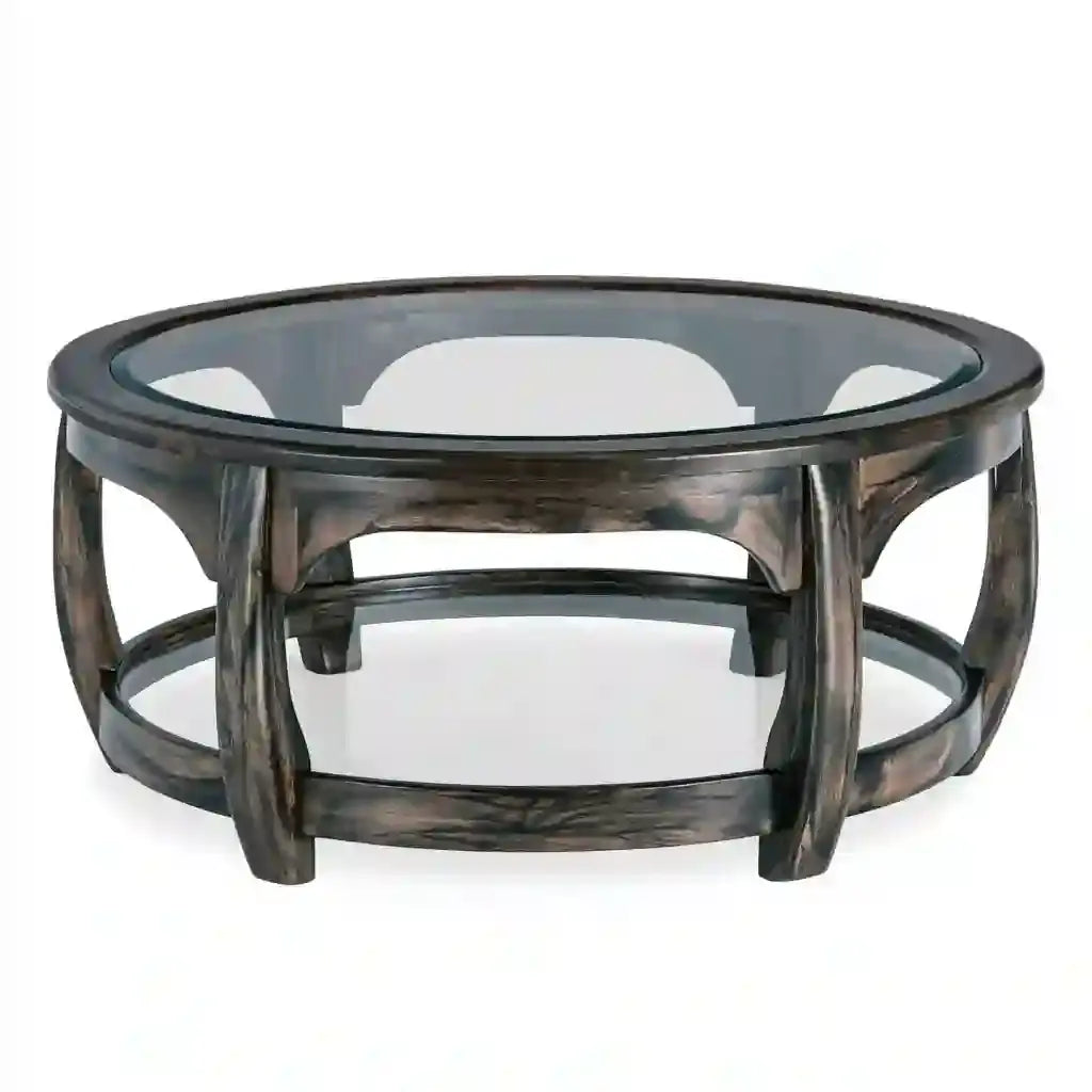 Mesa de centro redonda con tablero transparente - gris/marrón