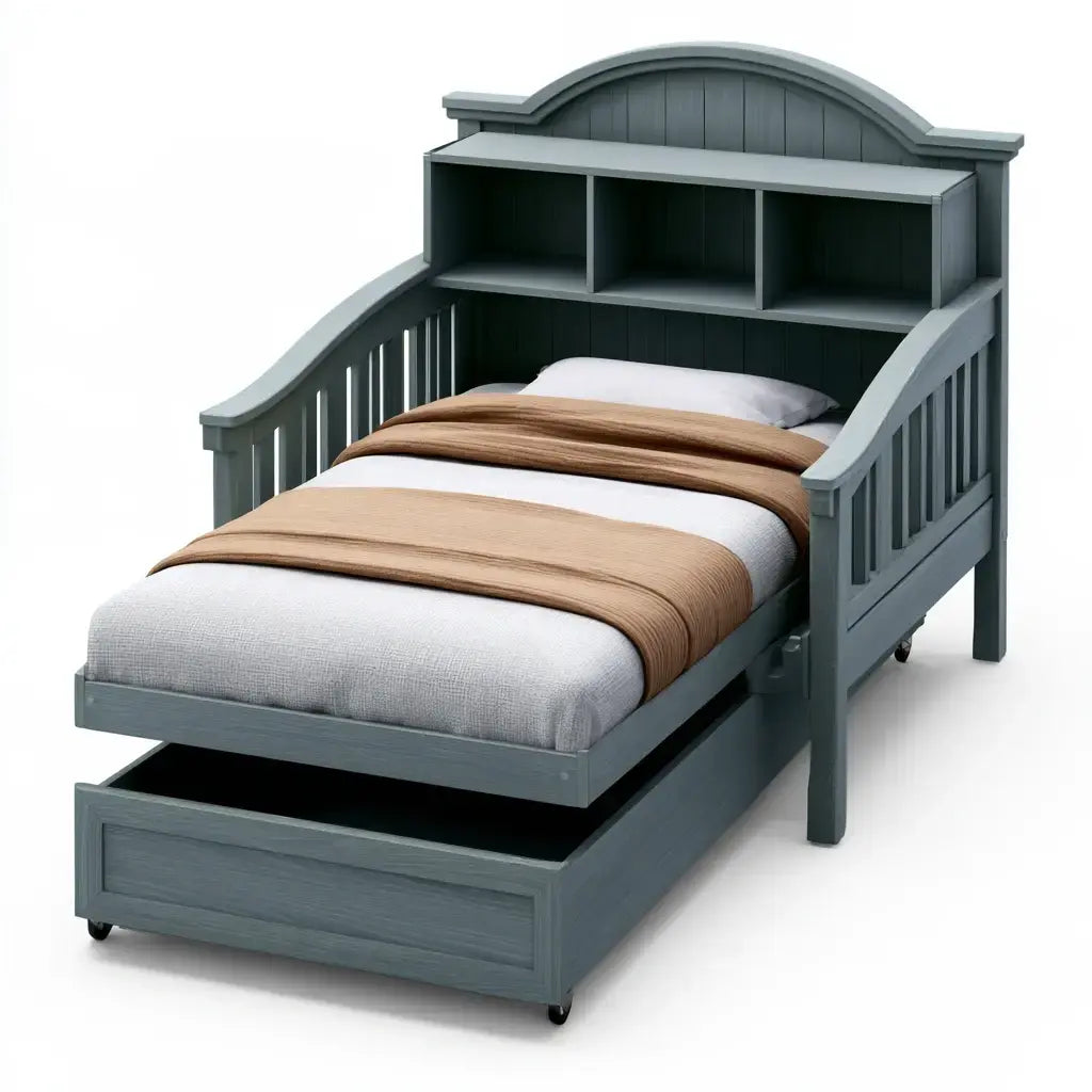 Cama con cabecero de estantes y cajón bajo - gris