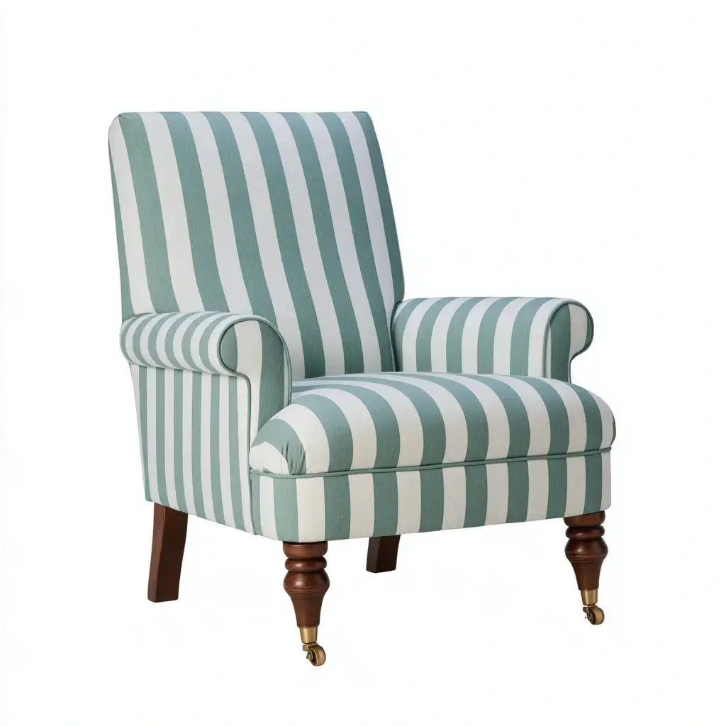 Sillón con tapizado de rayas y patas torneadas - verde/blanco