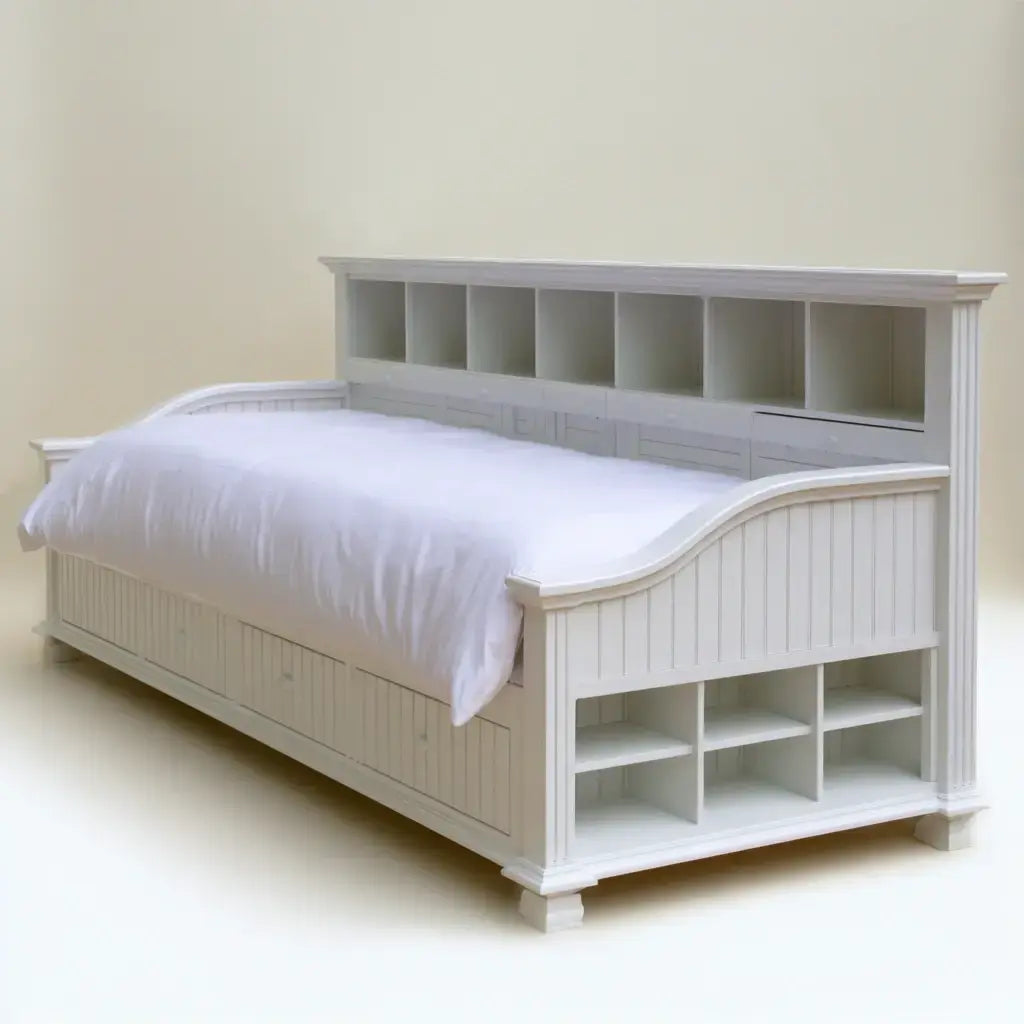 Cama con cabecero de estantes y cajones bajos - blanco