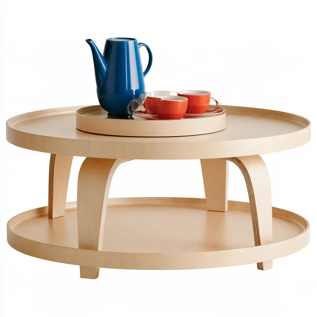 Mesa de centro redonda con borde y estante - beige