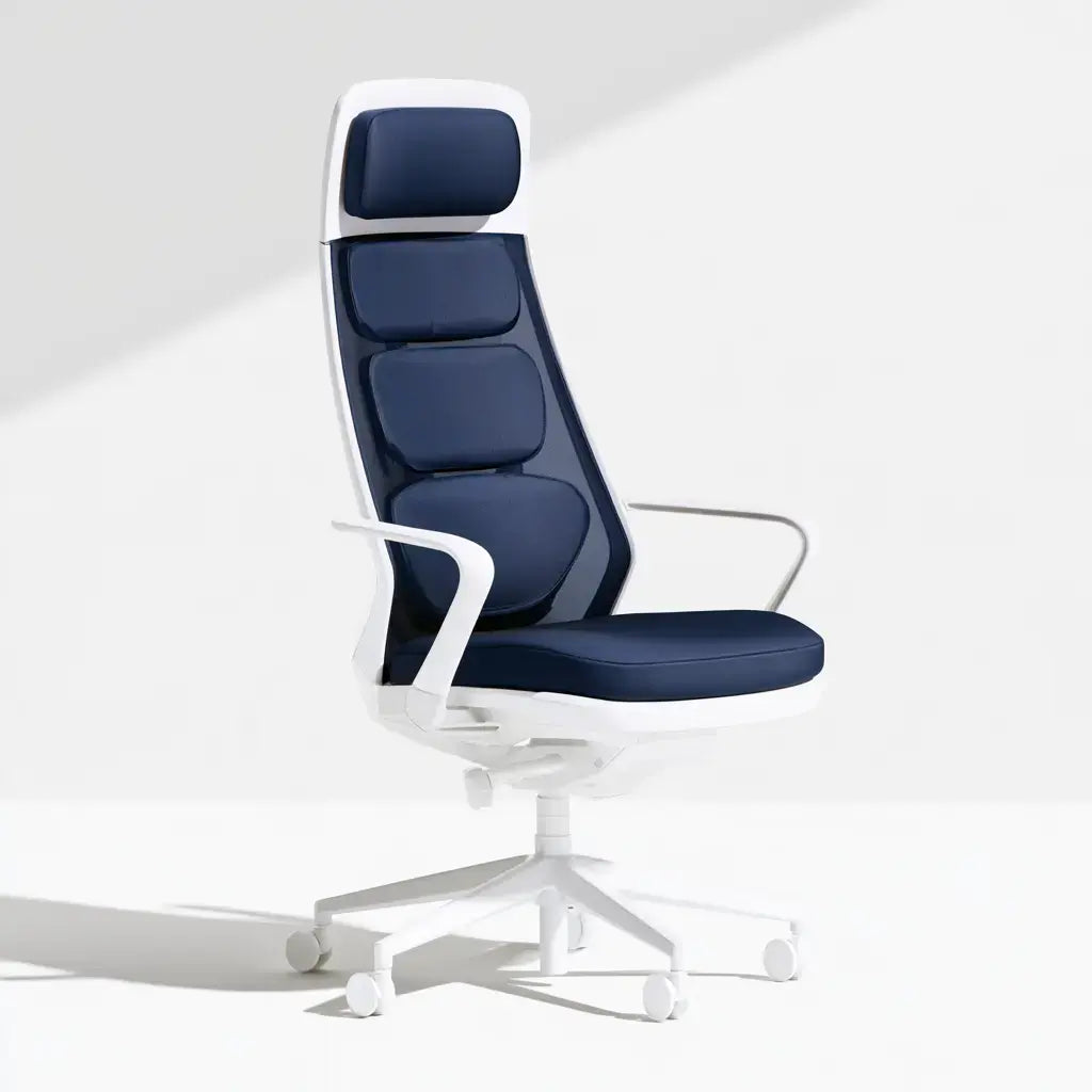 Silla de oficina con respaldo segmentado y ruedas - azul/blanco